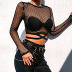 Hollowed Long Sleeve Crop Top with Round Neck