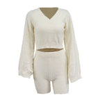 2020 Women's Plush V-Neck Crop Sweater & Shorts Set