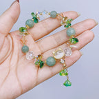 Green Crystal Beaded Bracelet with Opal Cat Charm