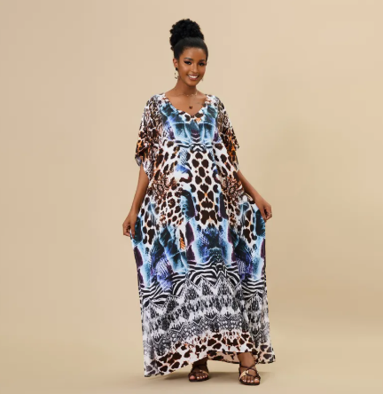 Animal Print Long Kaftan Beach Cover-Up Dress