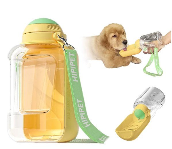 Portable Dog Water and Food Dispenser 2-in-1 Travel Bottle 1000ml with Fold-Out Bowl and Food Compartment Shoulder Strap for Walks and Trips