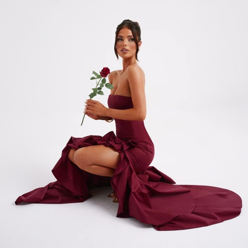 Strapless Ruffle Asymmetric Mermaid Maxi Dress