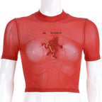 Red Sheer Mesh Crop Top with Embroidered Letters
