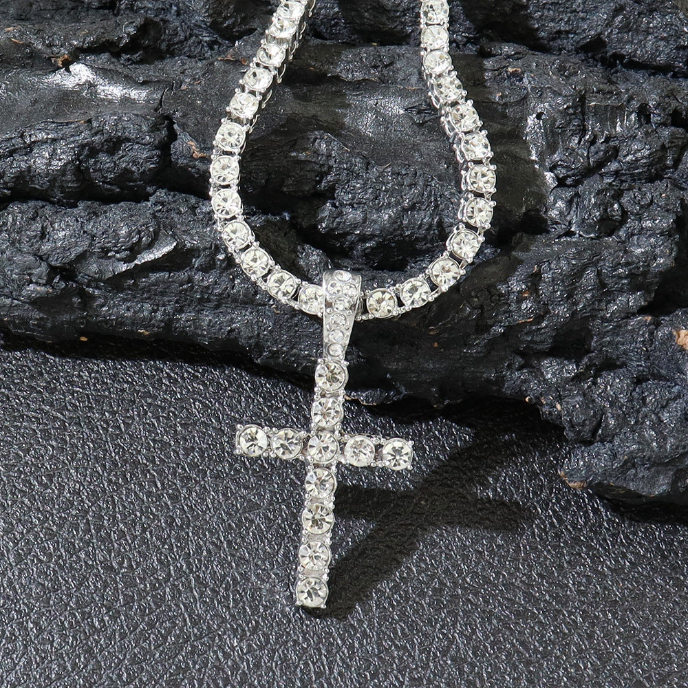 Hip Hop Rhinestone Cross Pendant Necklace