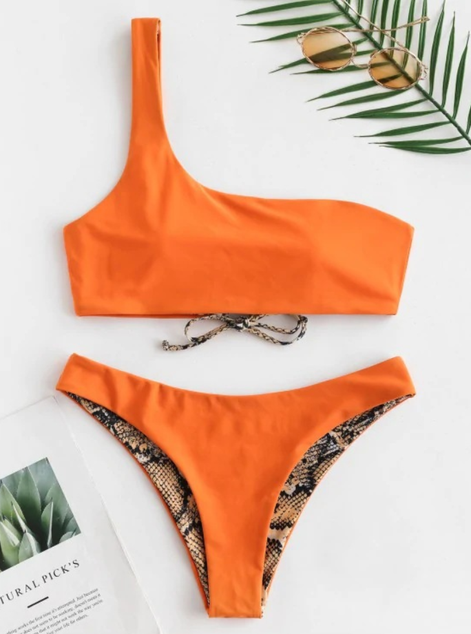 Snake Print One-Shoulder Bikini Set