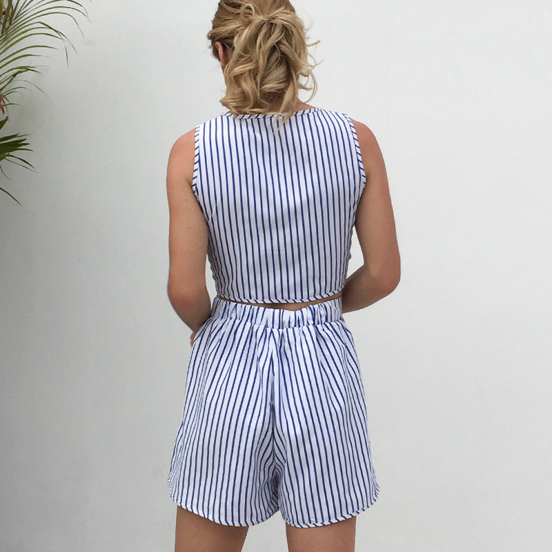 LIVA Women's Summer Striped V-Neck Top and Shorts Set