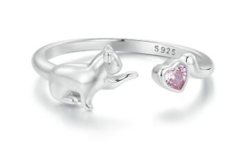 Silver Cat Adjustable Ring with Pink Heart Zirconia