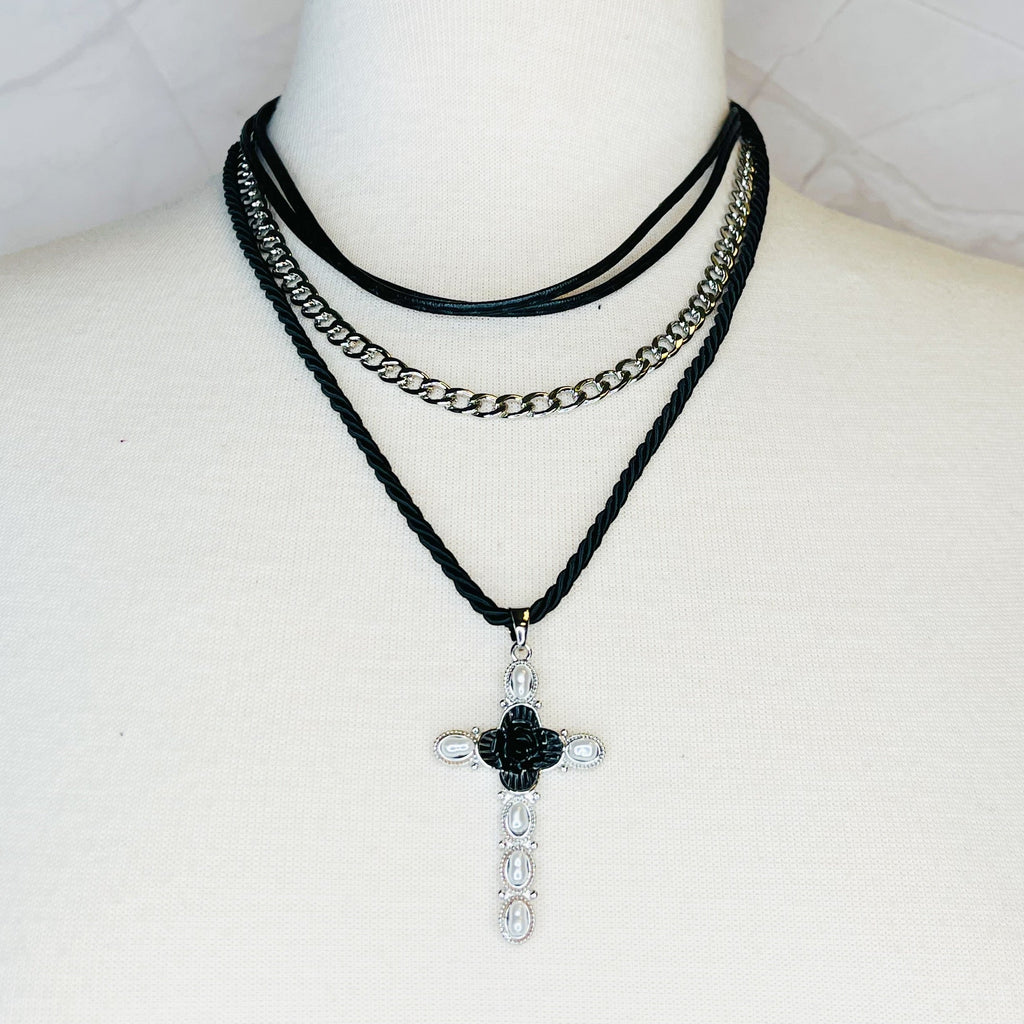 Layered Black Rose Cross Necklace | Christian Jewelry