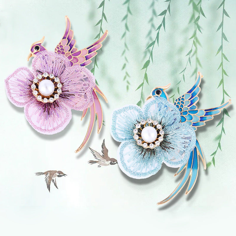 Handmade Embroidered Brooch with Enamel Bird