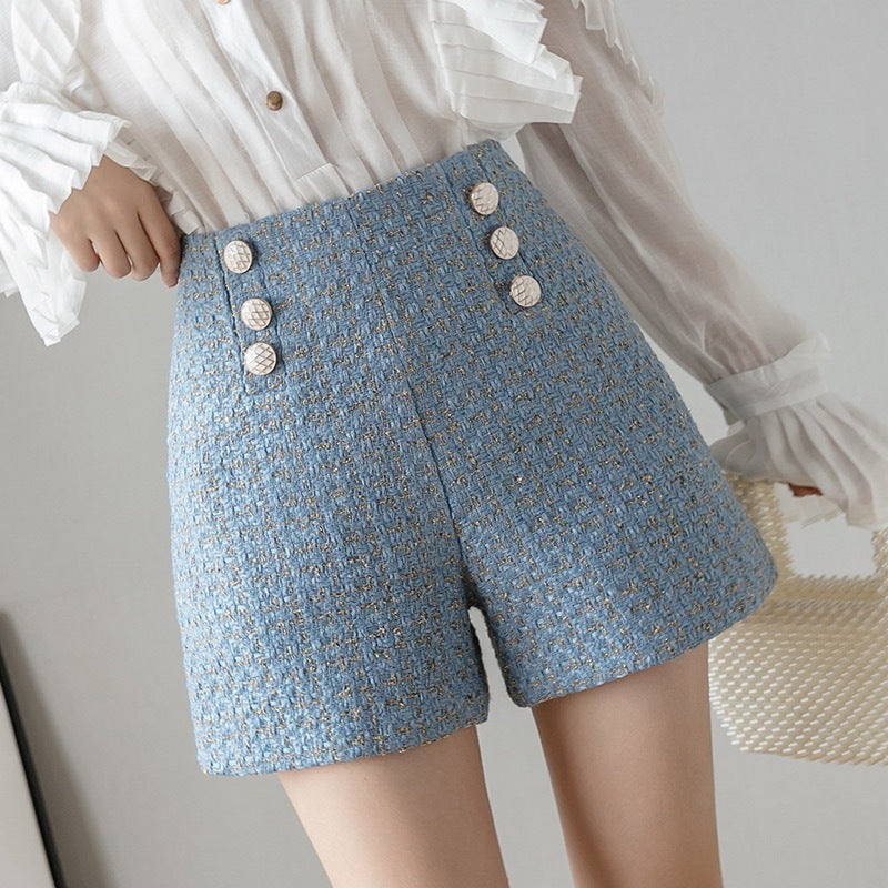Chic High-Waisted Plaid Double-Breasted Shorts for Women