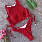 Burgundy Lace-Up High-Neck Bikini Set
