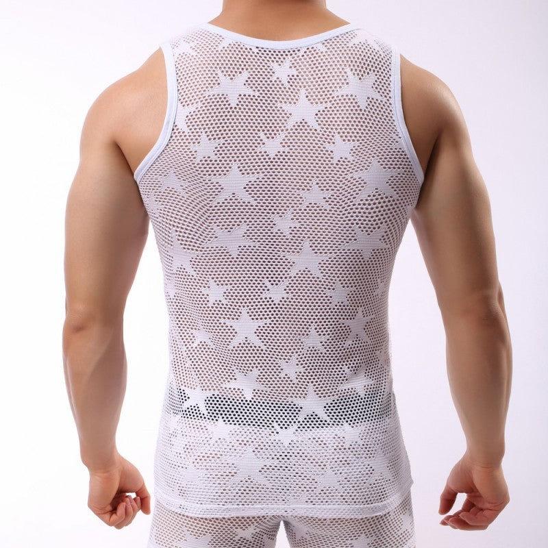 Star Mesh Tank Top, Sheer Hole Sleeveless Shirt