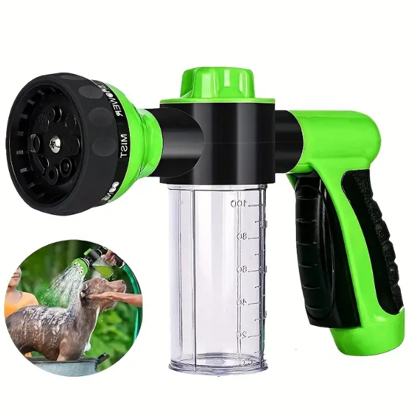 High-Pressure Pet Shower Sprayer with Soap Dispenser, 8-in-1 Spray Nozzle Hose Attachment for Dog Bathing, Car Washing, and Watering