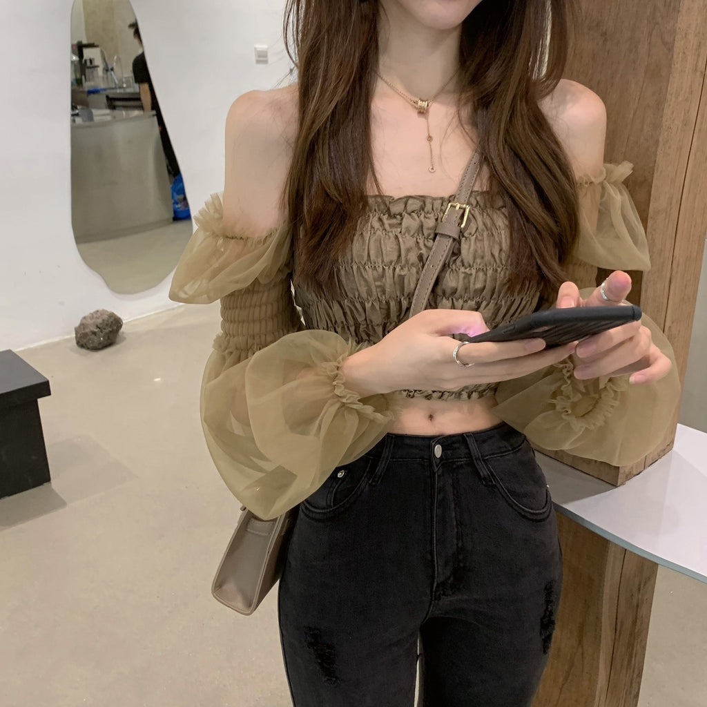 Chic Off-Shoulder Lace Long Sleeve Crop Top x2627