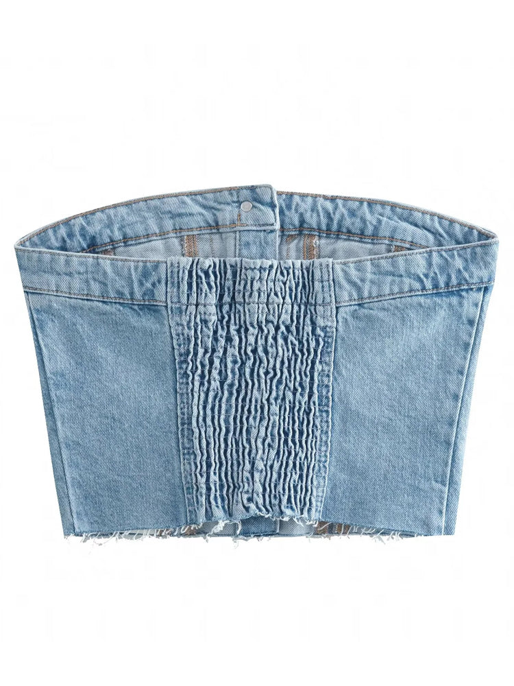 Blue Off-Shoulder Denim Corset Crop Top for Women