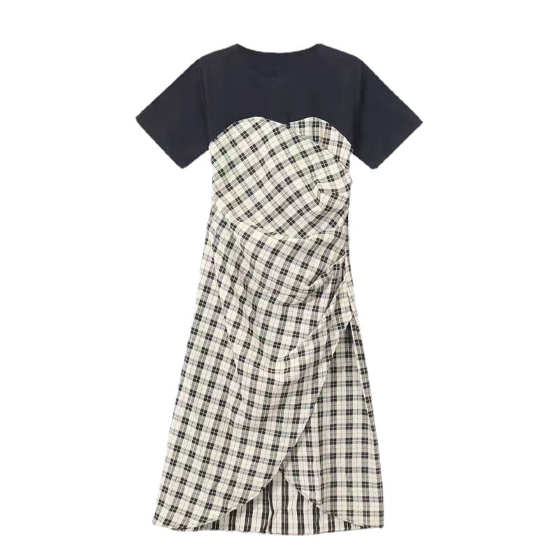 Summer Splicing Plaid Short Sleeve Dress for Women