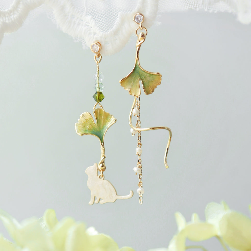 Ginkgo Leaf and Cat Drop Earrings