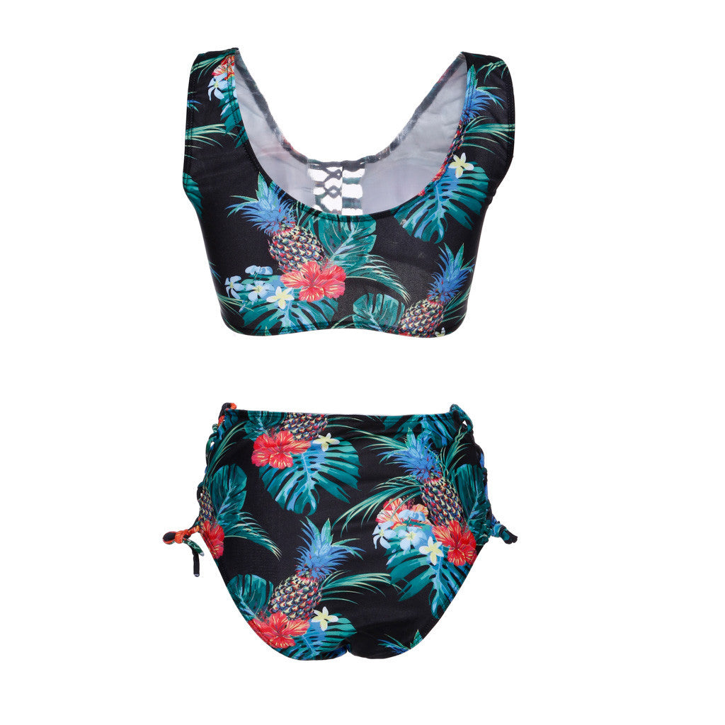 Tropical Lace-Up High-Waist Bikini Set