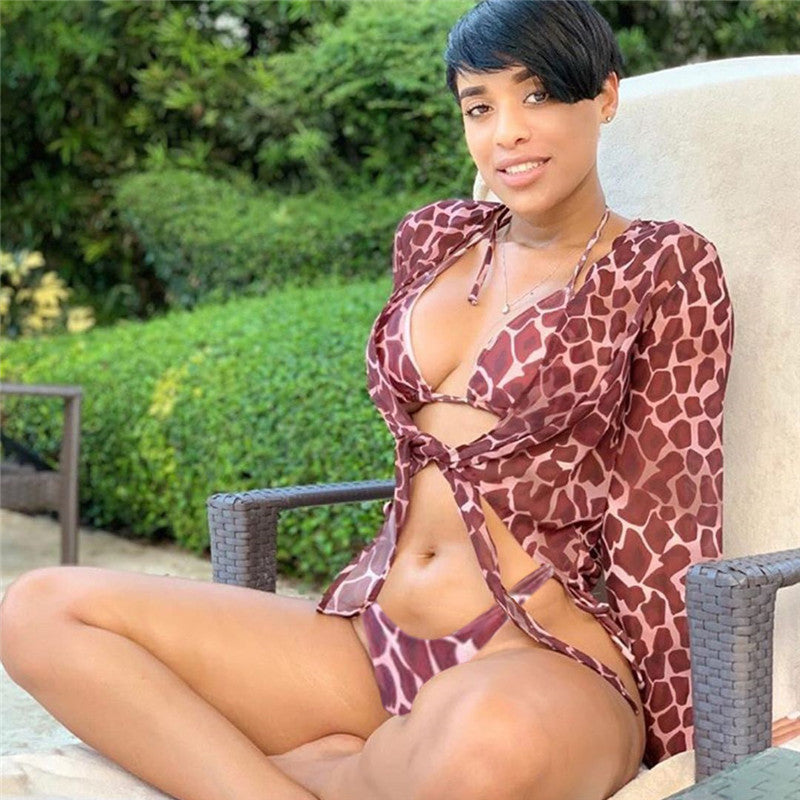 3-Piece Zebra Mesh Cover-Up Bikini Set