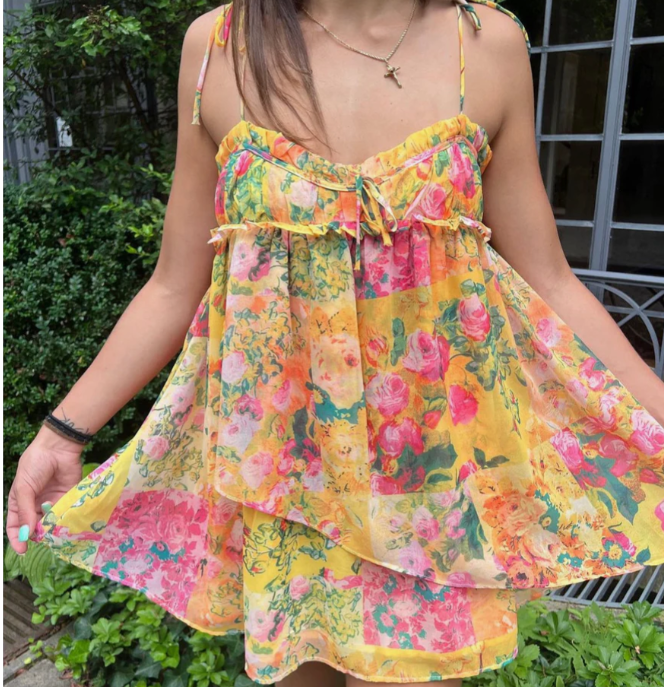 Floral Chiffon Tiered Babydoll Mini Dress