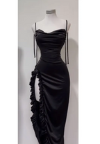 Backless Ruched Satin Spaghetti Strap Maxi Dress with Ruffle Slit
