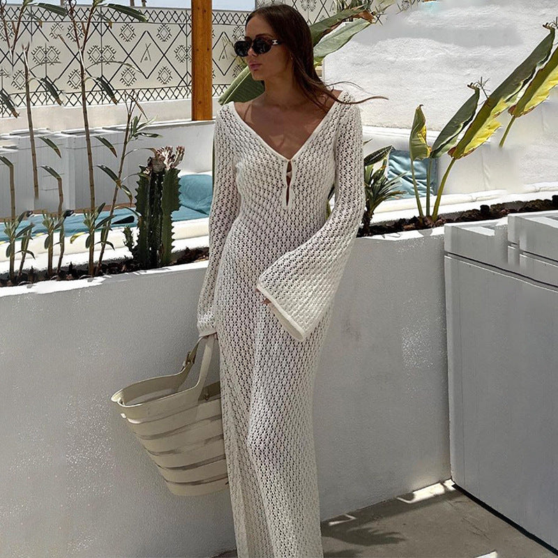 White Crochet Knit Maxi Beach Cover-Up Dress