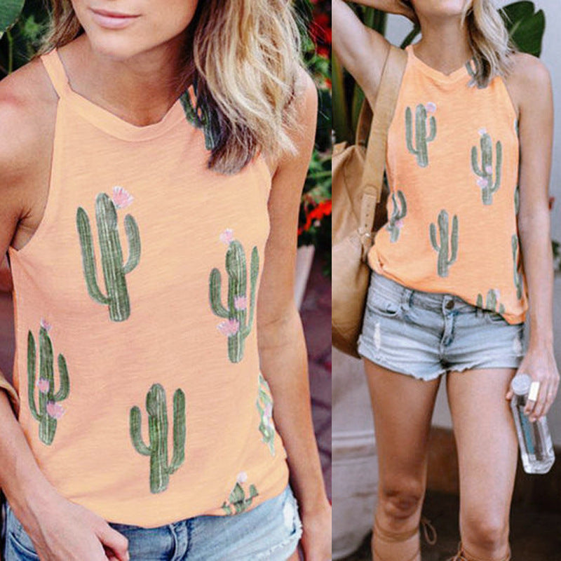 Fashionable Sleeveless Round Neck Cactus Print Tank Top