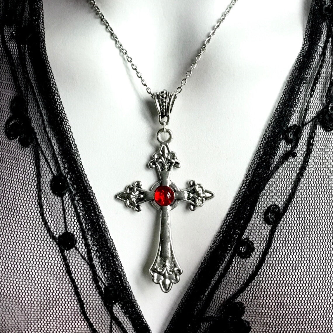 Silver Gothic Cross Necklace with Red Crystals