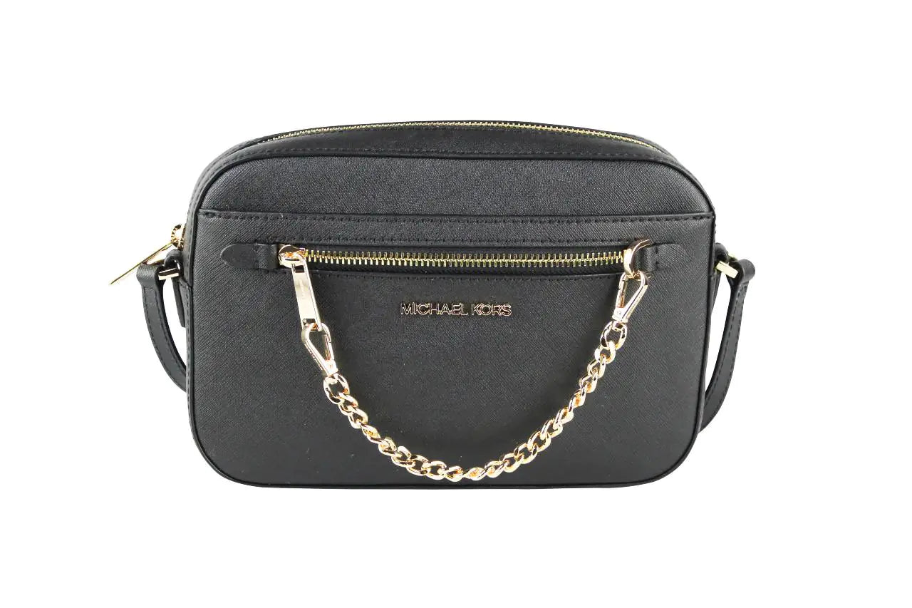 Michael Kors Jet Set Large East West Black Gold Saffiano Zip Chain Crossbody Handbag