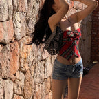 Casual Plaid Crop Top with Tie and Cutout Design
