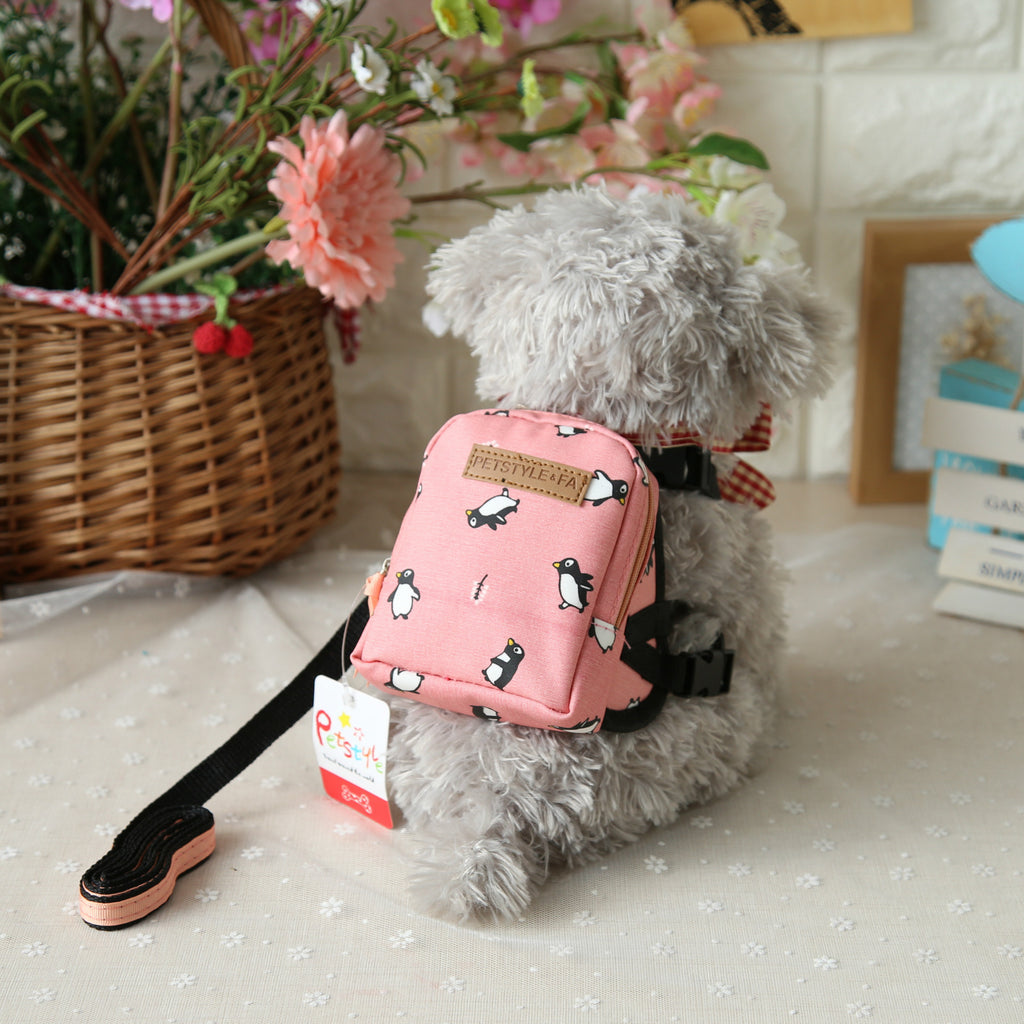 Cartoon Dog Backpack Harness with Leash, Polyester Small Pet Carrier Bag with Zipper Pocket, Adjustable Walking Harness for Cats and Dogs