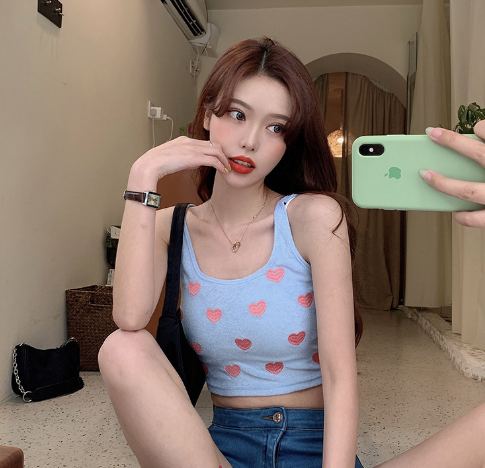 Heart Pattern Crop Top with Spaghetti Straps