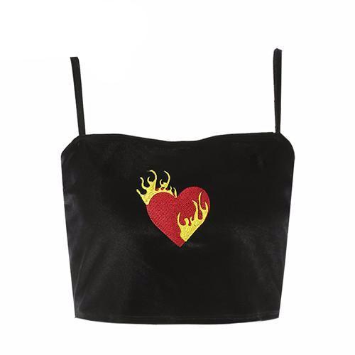 Velvet Flaming-Heart Embroidered Crop Cami