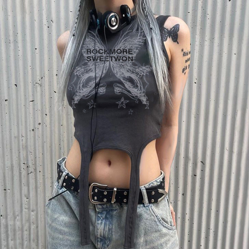 Graphic Print High-Neck Garter-Strap Crop Top