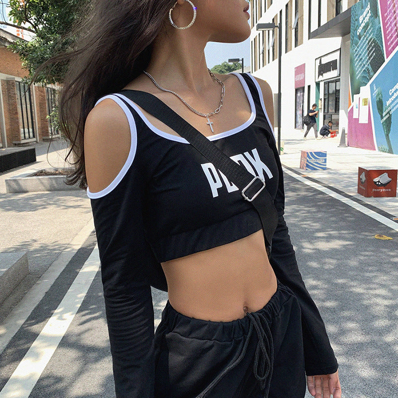 Crop Top T-Shirt with Shoulder Letter Print by PUNKT