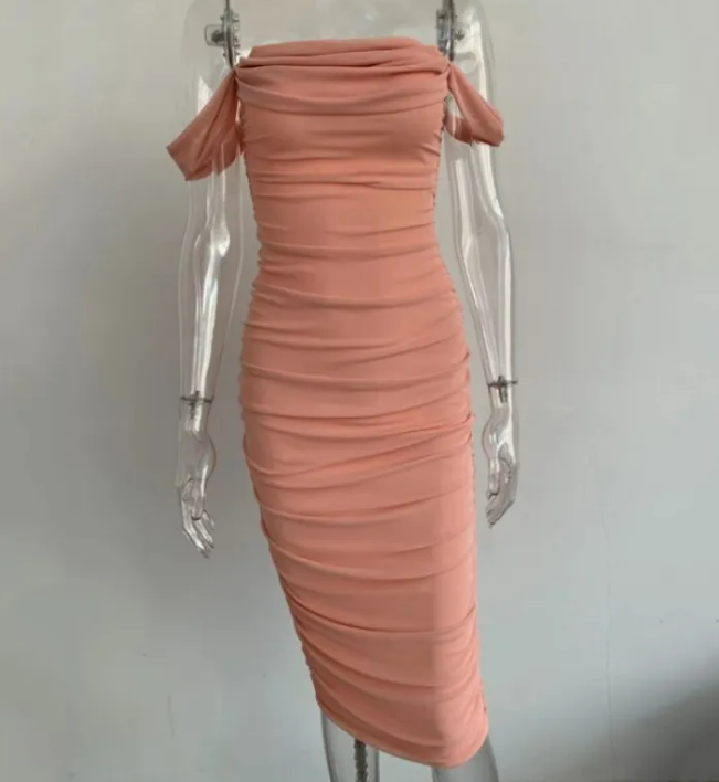 Off-Shoulder Ruched Bodycon Midi Dress