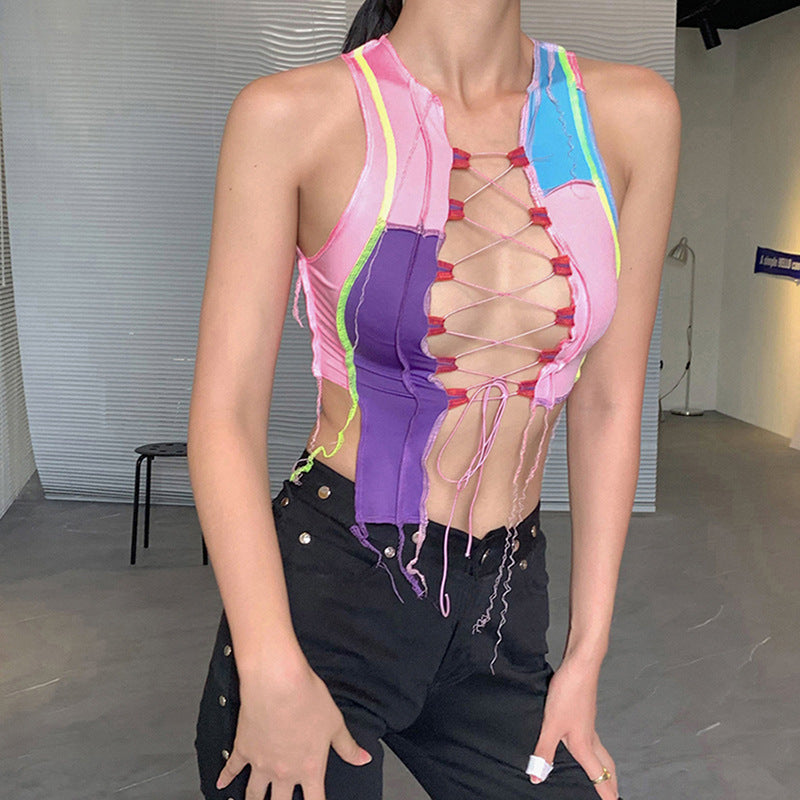 Color-Blocked Lace-Up Short Fitted Tank Top