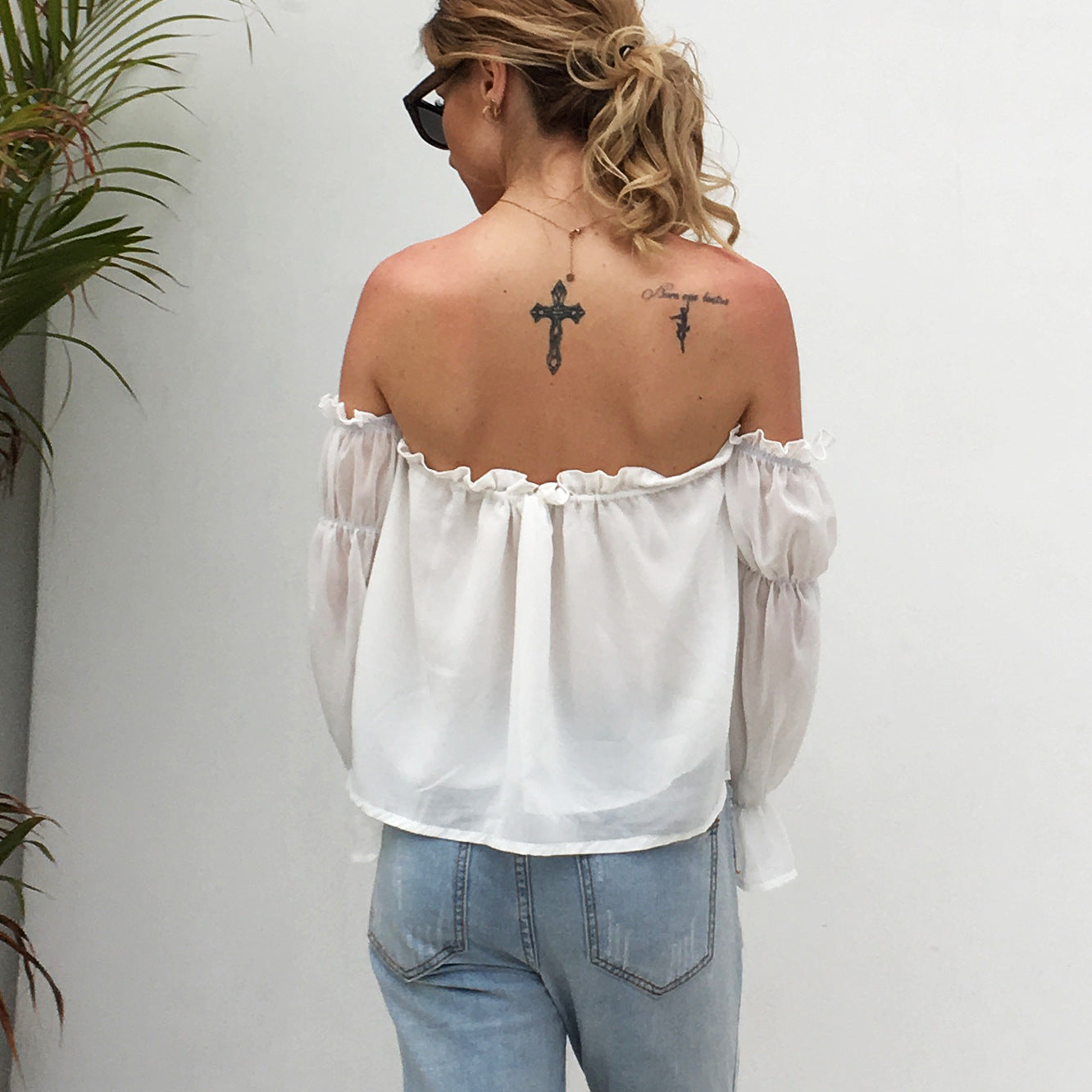 Women's White Off-Shoulder Ruffle Chiffon Cover-Up Top