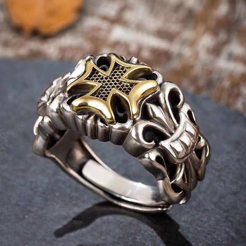 Silver Punk Men's Cross Ring with Anchor Flower