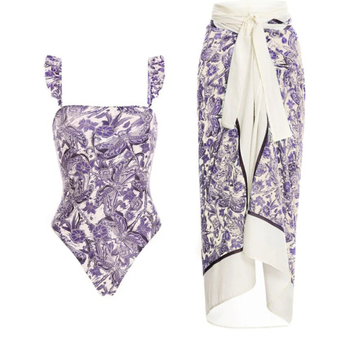 Retro Print One-Piece Swimsuit and Cover-Up Skirt Set