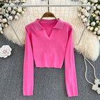 Slim Knitted Long Sleeve Turn Down Collar Crop Top