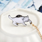 Enamel Cat Brooch Pin with Pearl Drop