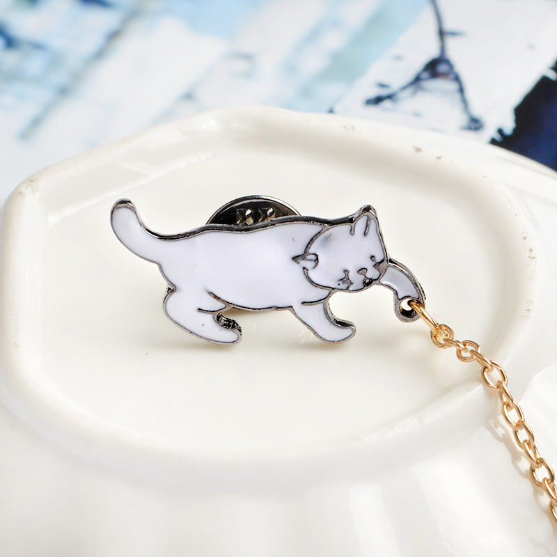 Enamel Cat Brooch Pin with Pearl Drop