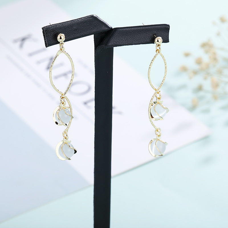 Cat Eye Stone Long Drop Earrings