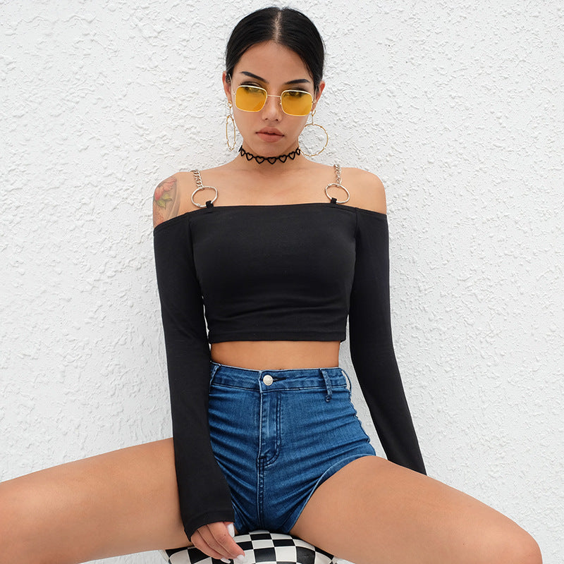 Metal Chain Sexy Off-Shoulder Cropped Top with Long Sleeves