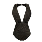 Women's Metallic Deep-V Open-Back One-Piece Swimsuit