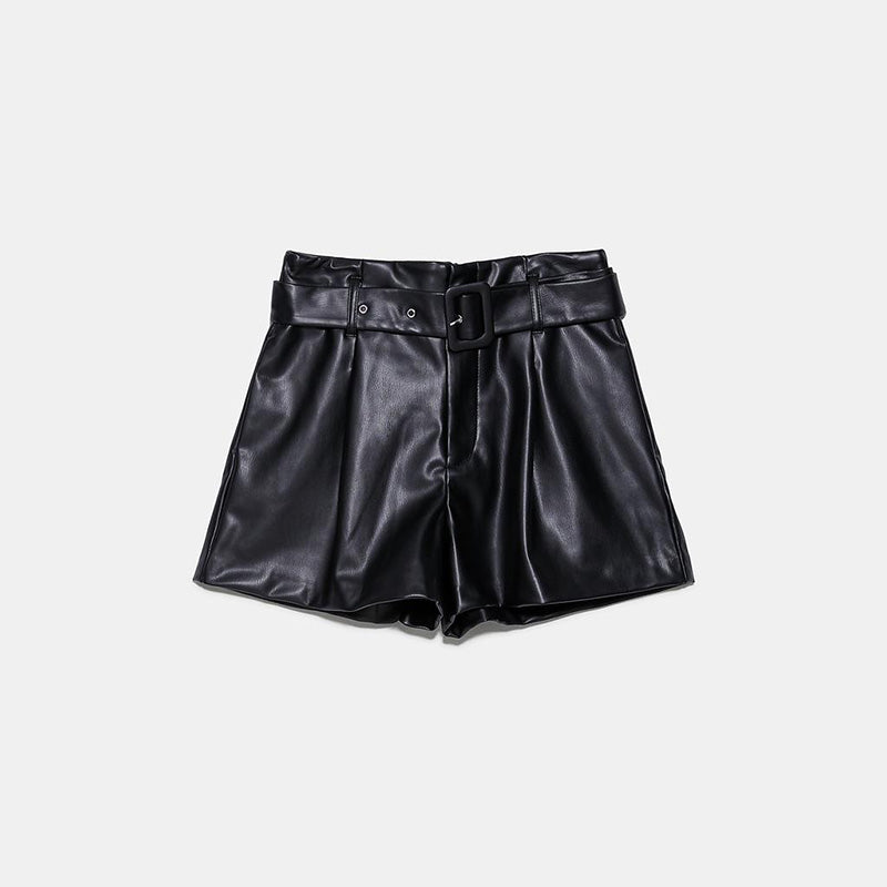 High-Waisted PU Leather Shorts with Tie Belt for Women