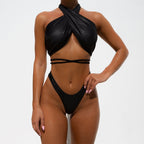 Women's Solid Color Leather Bikini Swimsuit with Straps