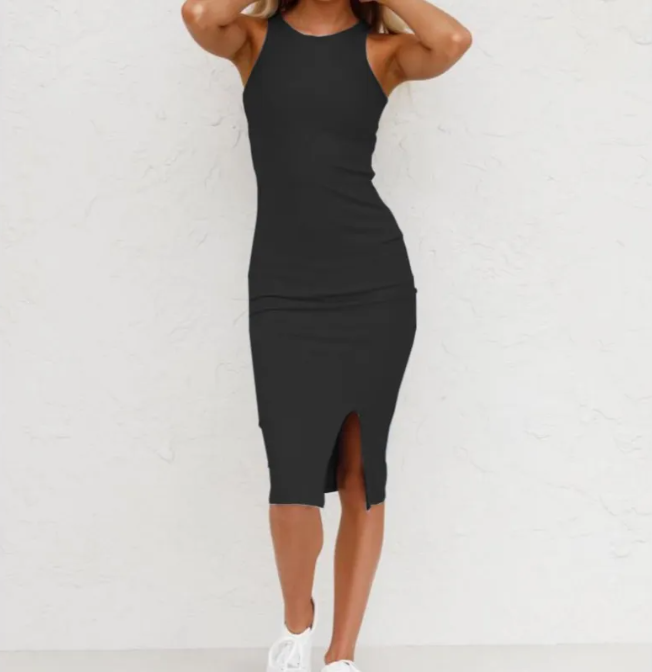 Solid Color Sleeveless Knit Split Long Dress – Women's Summer Casual Vest Dress