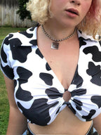 Cow Print Zip Crop Top with Matching Pants